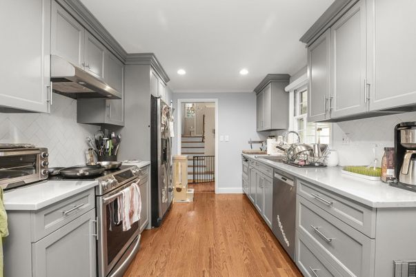 Interior, Kitchen, Recessed Lighting, Stainless Steel Appliances, Wood Texture Flooring