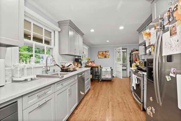 Interior, Kitchen, Recessed Lighting, Stainless Steel Appliances, Wood Texture Flooring