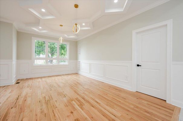 Empty room, Interior, Pendant Lights, Recessed Lighting, Wood Texture Flooring