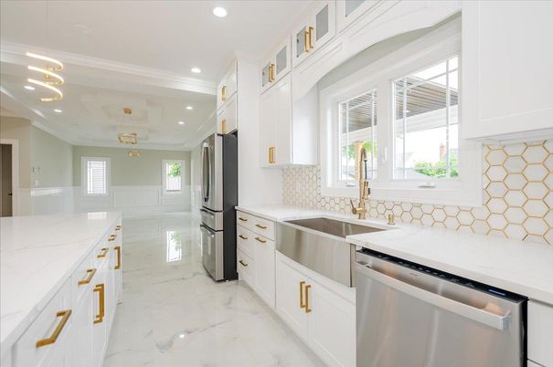 Interior, Kitchen, Marble, Pendant Lights, Recessed Lighting, Stainless Steel Appliances