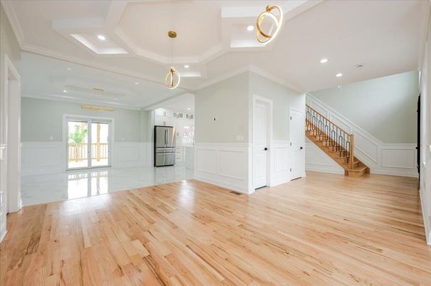 Empty room, Interior, Kitchen, Pendant Lights, Recessed Lighting, Wood Texture Flooring