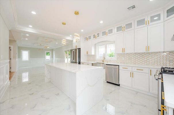 Interior, Kitchen, Marble, Pendant Lights, Recessed Lighting, Stainless Steel Appliances