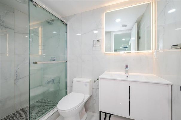 Bathroom, Glass Shower, Interior, Marble Walls, Recessed Lighting