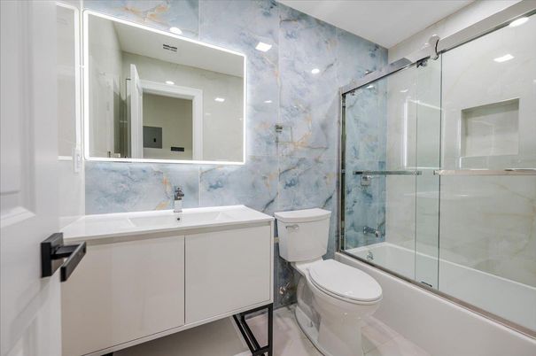 Bathroom, Glass Shower, Interior, Marble Walls, Recessed Lighting