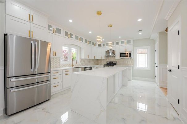 Interior, Kitchen, Marble, Pendant Lights, Recessed Lighting, Stainless Steel Appliances