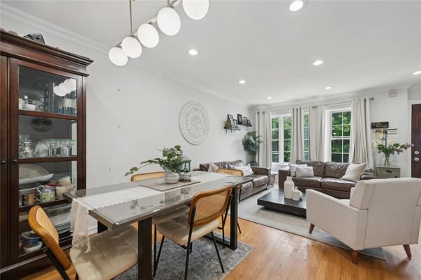Dining room, Interior, Living room, Pendant Lights, Recessed Lighting, Wood Texture Flooring