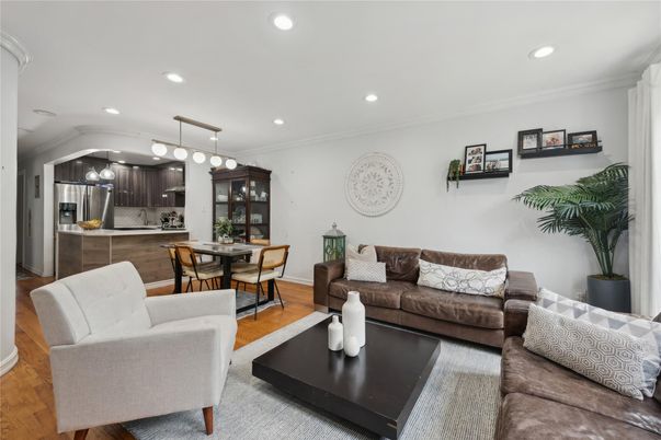 Dining room, Interior, Kitchen, Living room, Pendant Lights, Recessed Lighting, Stainless Steel Appliances, Wood Texture Flooring
