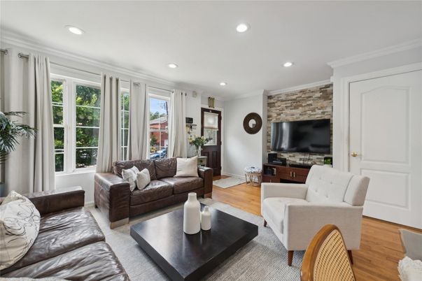 Interior, Living room, Recessed Lighting, Stone Walls, Wood Texture Flooring