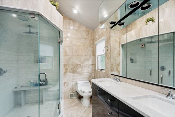 Bathroom, Dual Sink Vanities, Glass Shower, Interior, Recessed Lighting