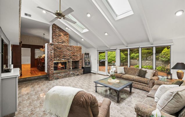 Fireplace, Interior, Living room, Recessed Lighting, Stone Walls