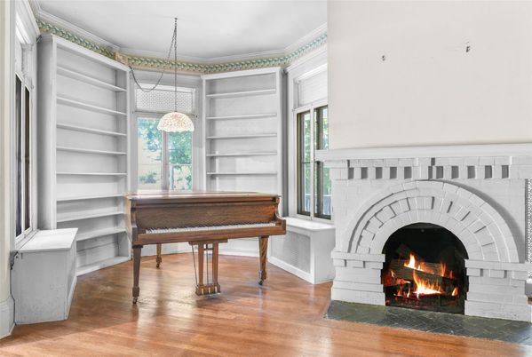 Fireplace, Interior, Pendant Lights, Piano, Wood Texture Flooring