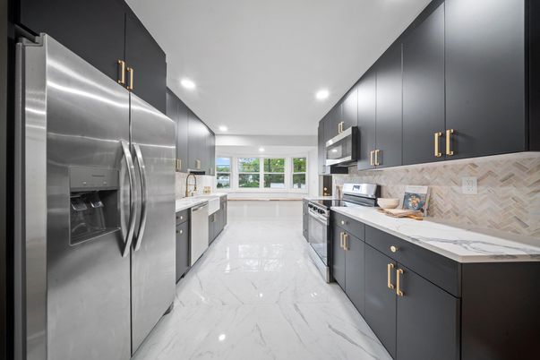 Interior, Kitchen, Marble, Recessed Lighting, Stainless Steel Appliances