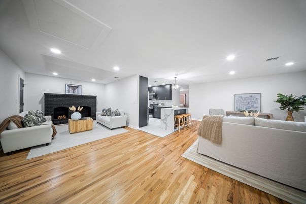 Dining room, Fireplace, Interior, Kitchen, Living room, Pendant Lights, Recessed Lighting, Wood Texture Flooring