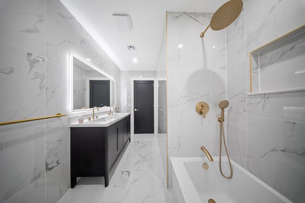Bathroom, Dual Sink Vanities, Glass Shower, Interior, Marble, Marble Walls, Recessed Lighting