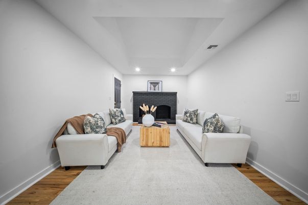 Fireplace, Interior, Living room, Recessed Lighting, Wood Texture Flooring