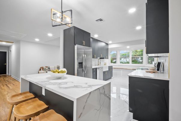 Interior, Kitchen, Marble, Pendant Lights, Recessed Lighting, Stainless Steel Appliances, Wood Texture Flooring