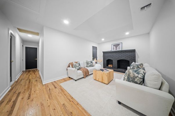 Fireplace, Interior, Living room, Recessed Lighting, Wood Texture Flooring