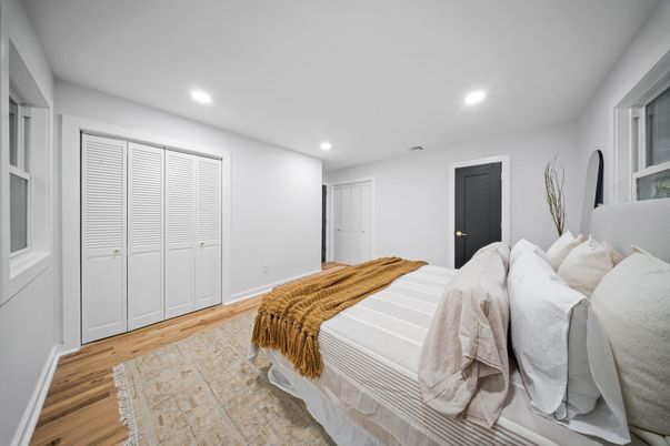 Bedroom, Interior, Recessed Lighting, Wood Texture Flooring