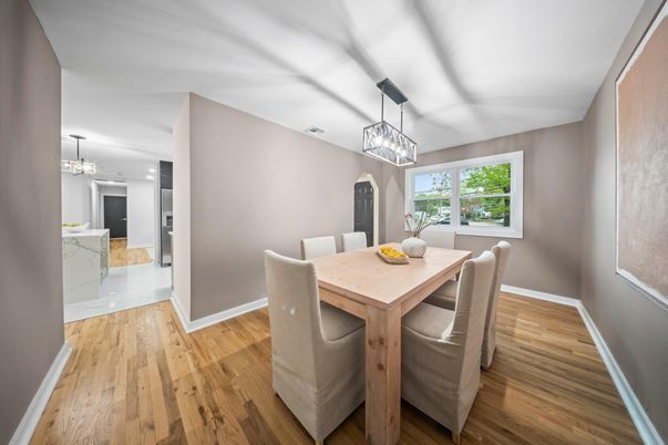 Dining room, Interior, Pendant Lights, Wood Texture Flooring