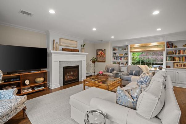 Fireplace, Interior, Living room, Recessed Lighting, Wood Texture Flooring