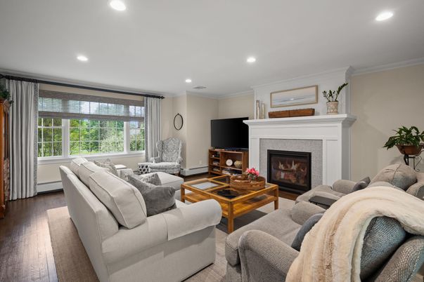 Fireplace, Interior, Living room, Recessed Lighting, Wood Texture Flooring