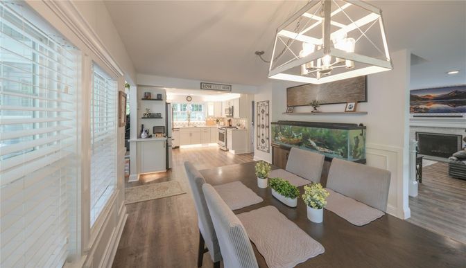 Fireplace, Interior, Kitchen, Living room, Pendant Lights, Recessed Lighting, Wood Texture Flooring