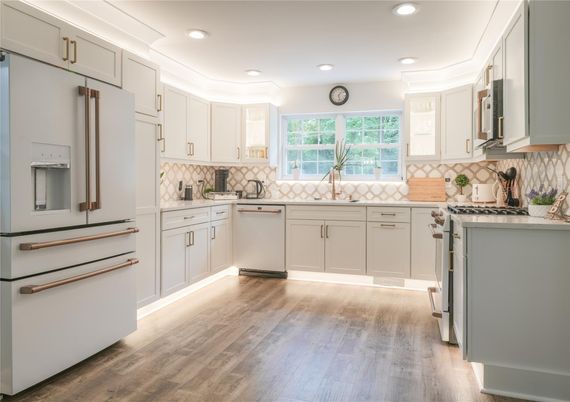 Interior, Kitchen, Recessed Lighting, Stainless Steel Appliances, Wood Texture Flooring