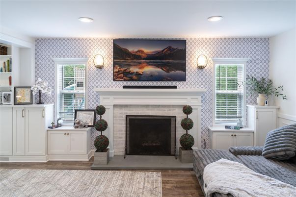 Bedroom, Fireplace, Interior, Recessed Lighting, Wood Texture Flooring