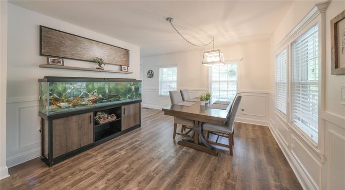 Dining room, Interior, Pendant Lights, Wood Texture Flooring