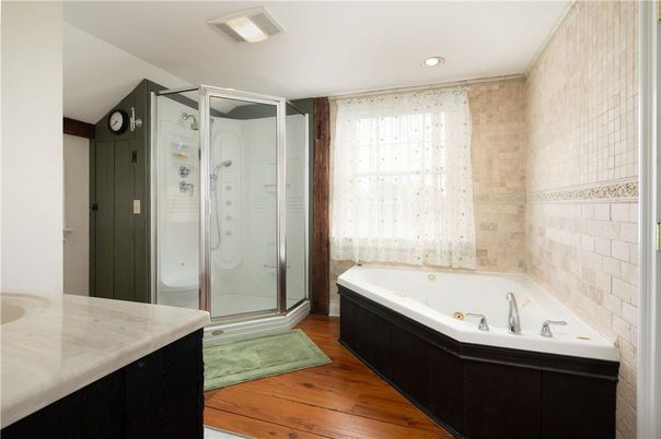 Bathroom, Glass Shower, Interior, Recessed Lighting, Wood Texture Flooring