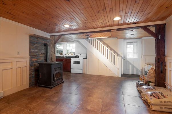 Fireplace, Interior, Kitchen, Recessed Lighting, Stone Walls, Wooden Ceilings