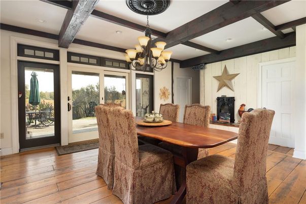 Chandelier, Dining room, Fireplace, Interior, Recessed Lighting, Wooden Beams, Wood Texture Flooring