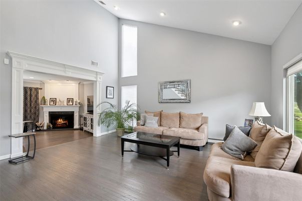 Fireplace, Interior, Living room, Recessed Lighting, Wood Texture Flooring