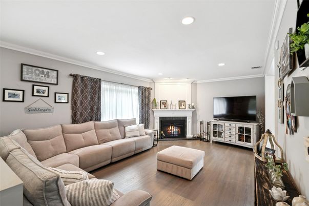 Fireplace, Interior, Living room, Recessed Lighting, Wood Texture Flooring