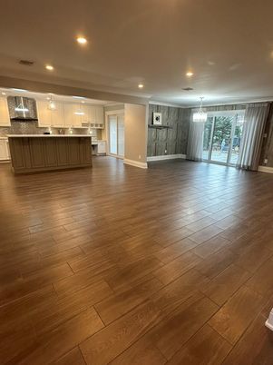 Chandelier, Empty room, Interior, Kitchen, Pendant Lights, Recessed Lighting, Wood Texture Flooring