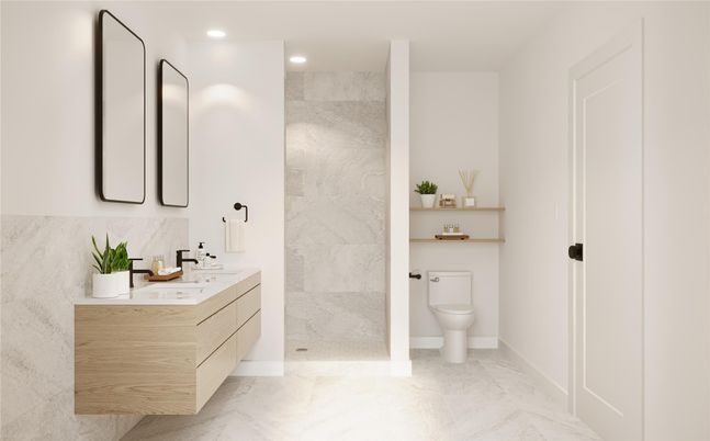 Bathroom, Glass Shower, Interior, Marble, Marble Walls, Recessed Lighting
