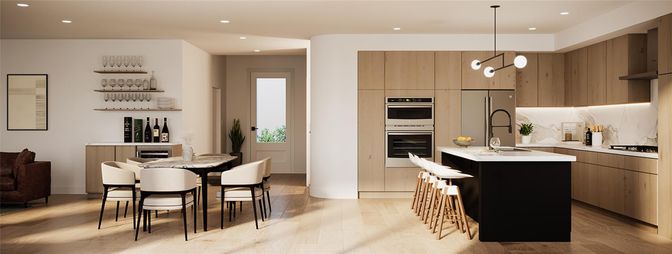 Dining room, Interior, Kitchen, Pendant Lights, Recessed Lighting, Stainless Steel Appliances, Wood Texture Flooring