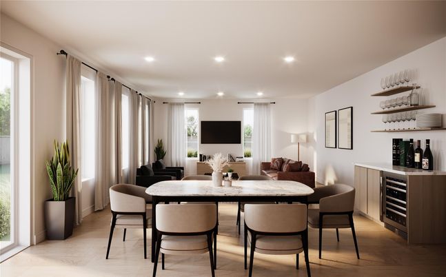 Dining room, Interior, Recessed Lighting, Wood Texture Flooring