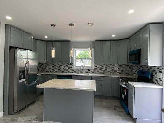 Interior, Kitchen, Marble, Pendant Lights, Recessed Lighting, Stainless Steel Appliances