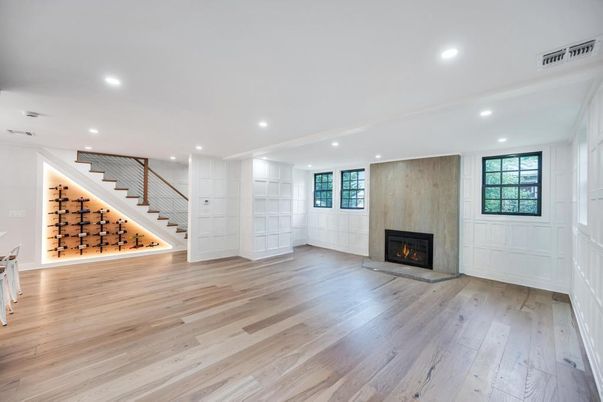Empty room, Fireplace, Interior, Recessed Lighting, Wine Storage, Wood Texture Flooring