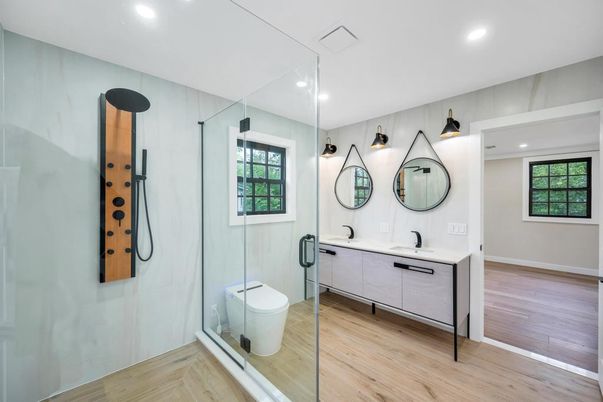 Bathroom, Interior, Recessed Lighting, Wood Texture Flooring