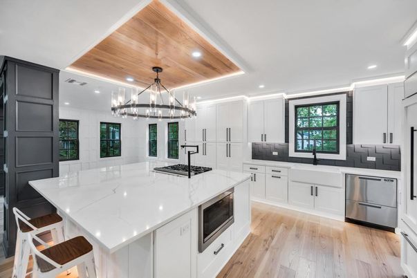 Chandelier, Interior, Kitchen, Recessed Lighting, Stainless Steel Appliances, Wooden Ceilings, Wood Texture Flooring