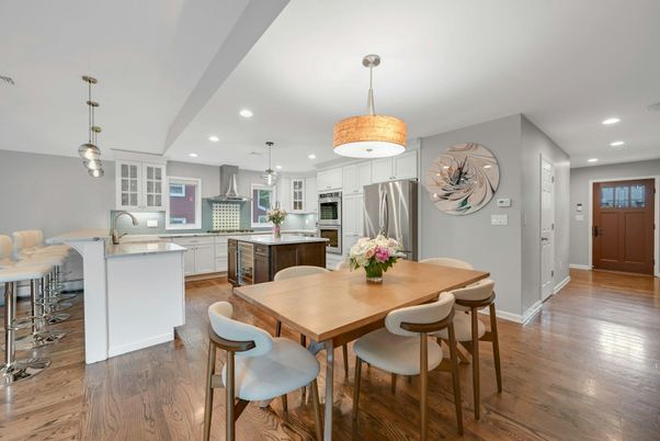 Dining room, Interior, Kitchen, Pendant Lights, Recessed Lighting, Stainless Steel Appliances, Wood Texture Flooring