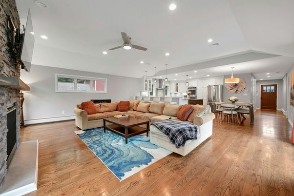 Dining room, Fireplace, Interior, Kitchen, Living room, Pendant Lights, Recessed Lighting, Stainless Steel Appliances, Wood Texture Flooring