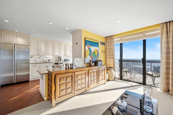 Interior, Kitchen, Recessed Lighting, Stainless Steel Appliances, Water, Wood Texture Flooring