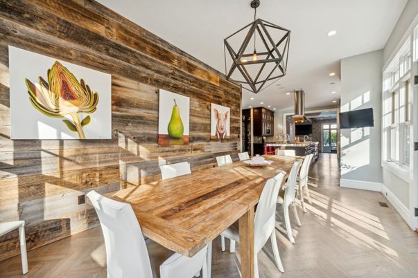 Dining room, Interior, Kitchen, Pendant Lights, Recessed Lighting, Wood Texture Flooring, Wooden Walls
