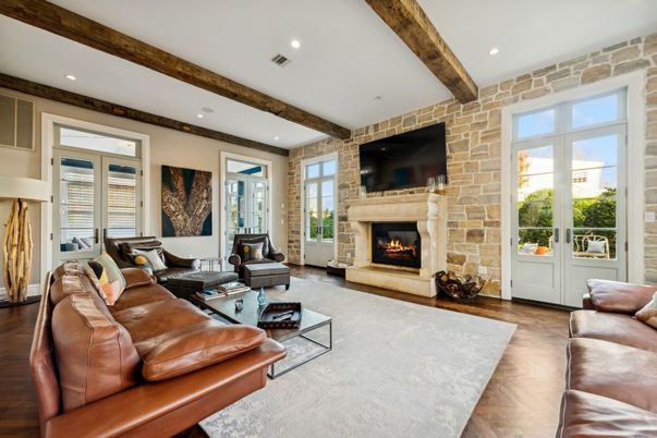 Fireplace, Interior, Living room, Recessed Lighting, Stone Walls, Wooden Beams, Wood Texture Flooring