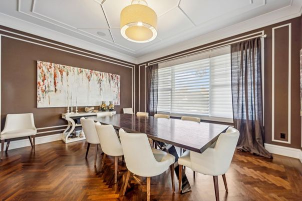 Dining room, Interior, Pendant Lights, Wood Texture Flooring