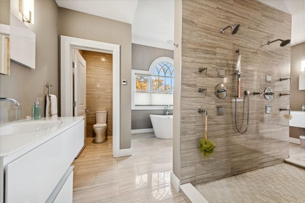 Bathroom, Dual Sink Vanities, Free Standing Baths, Glass Shower, Interior