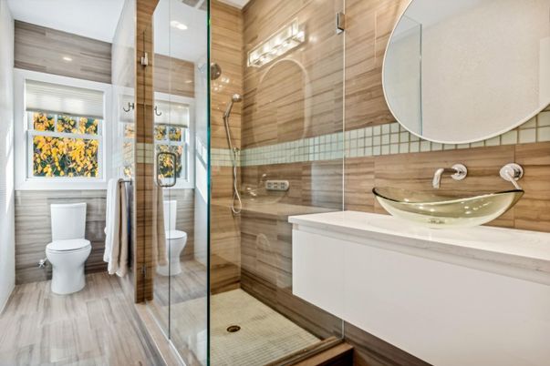 Bathroom, Glass Shower, Interior, Recessed Lighting, Wood Texture Flooring, Wooden Walls